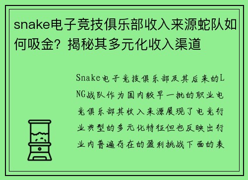 snake电子竞技俱乐部收入来源蛇队如何吸金？揭秘其多元化收入渠道
