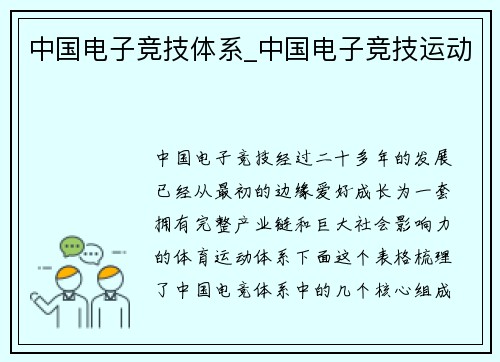 中国电子竞技体系_中国电子竞技运动